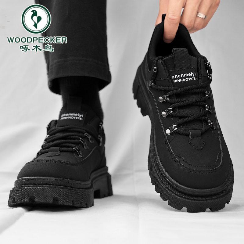 啄木鸟官方正品男鞋冬季厚底皮面防水马丁鞋男士耐磨防滑工装潮鞋