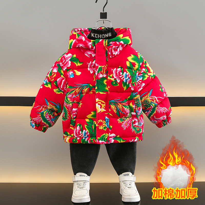 冬季大花袄儿童冬装加厚新款保暖洋气连帽棉衣宝宝拜年服亲子装潮