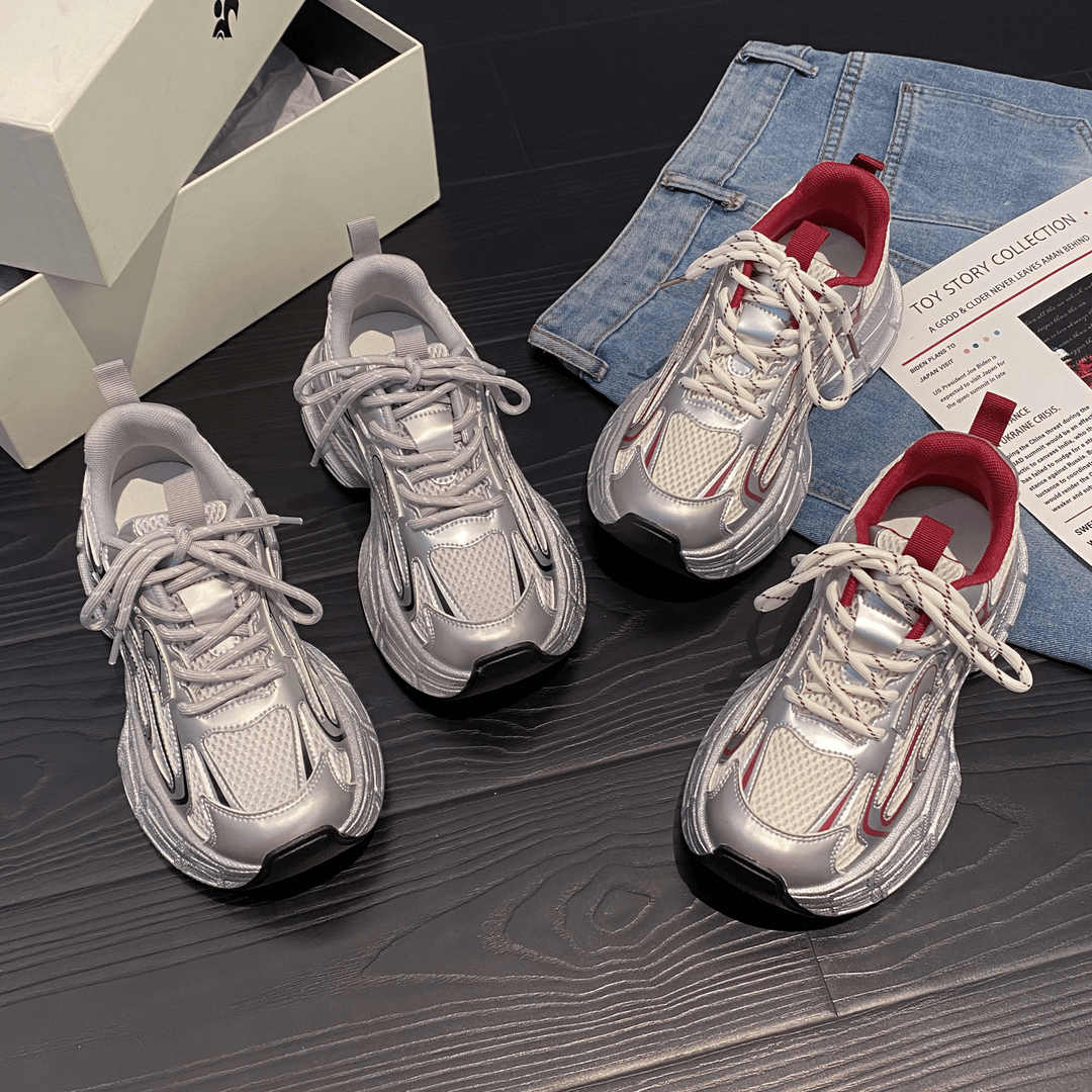 贾不假银色老爹鞋女款2025新款秋冬爆款厚底休闲鞋增高加绒运动鞋