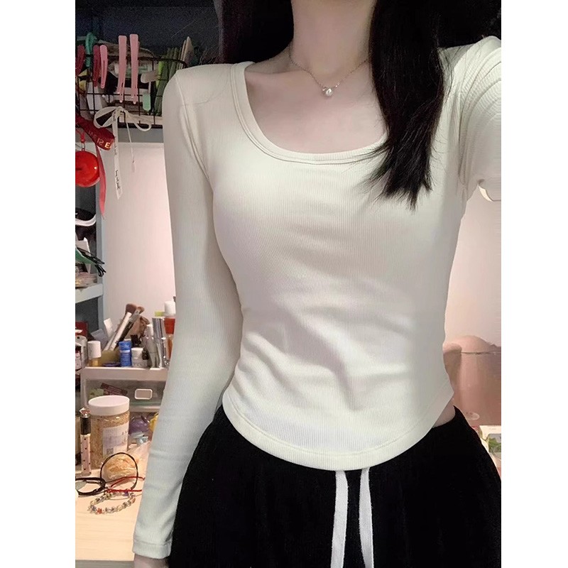 白色德绒方领长袖T恤女秋冬内搭短款打底衫辣妹修身显瘦短款上衣