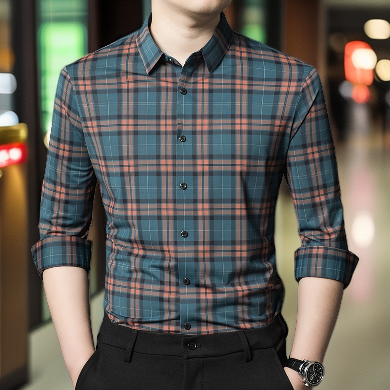 国际奢侈品牌英伦长袖衬衫男商务休闲条纹格子冰丝无痕速干衬衣潮