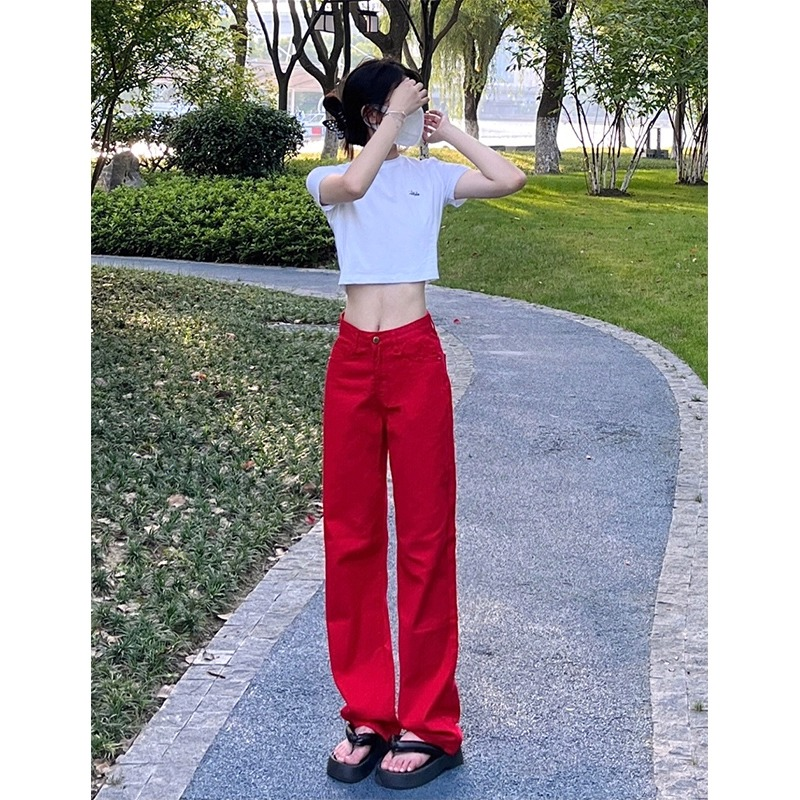 红色牛仔裤女款爆款2025新款秋季腰显瘦宽松直筒阔腿裤加长拖地裤