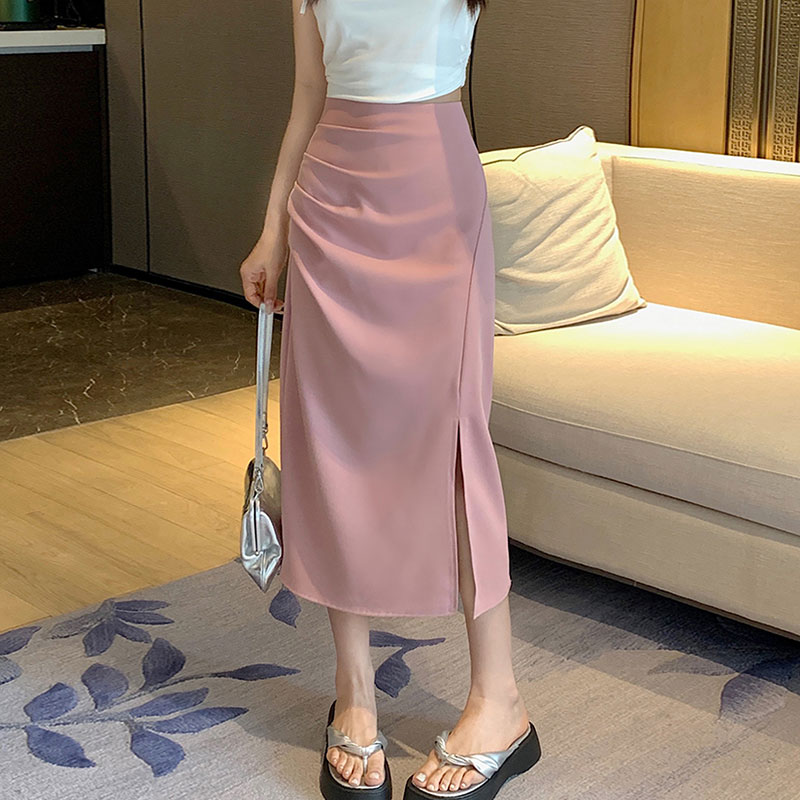 半身裙高腰显瘦时尚百搭韩版开叉褶皱设计感垂感中长款秋季A字裙