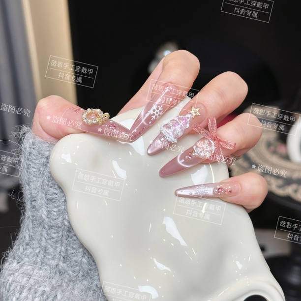 【圣诞水晶球】纯手工穿高级猫眼法式气质裸色新年穿戴甲甲片贴H7