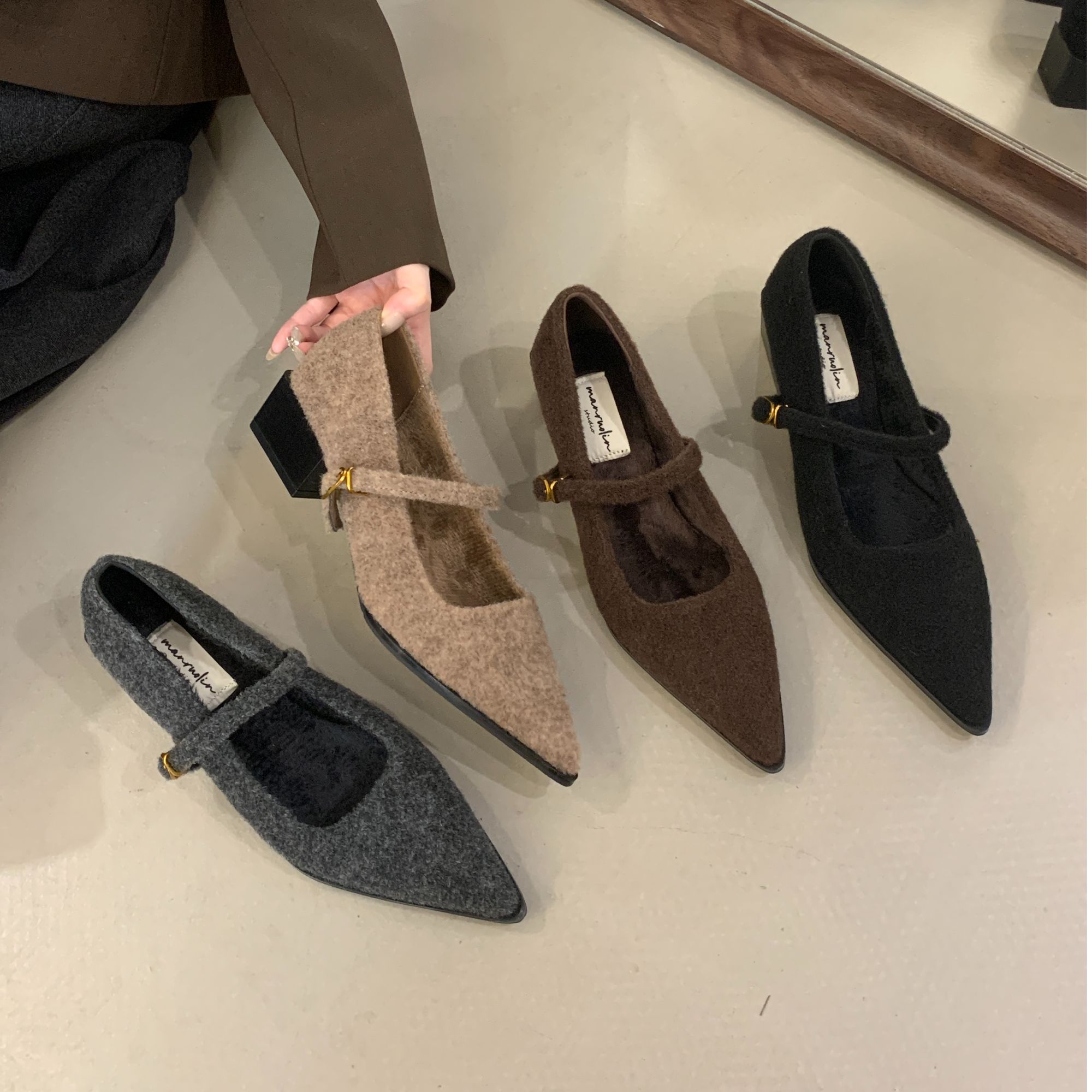 MRL-635-13小众法式2025秋冬季细跟玛丽珍单鞋女鞋子加绒黑色船鞋