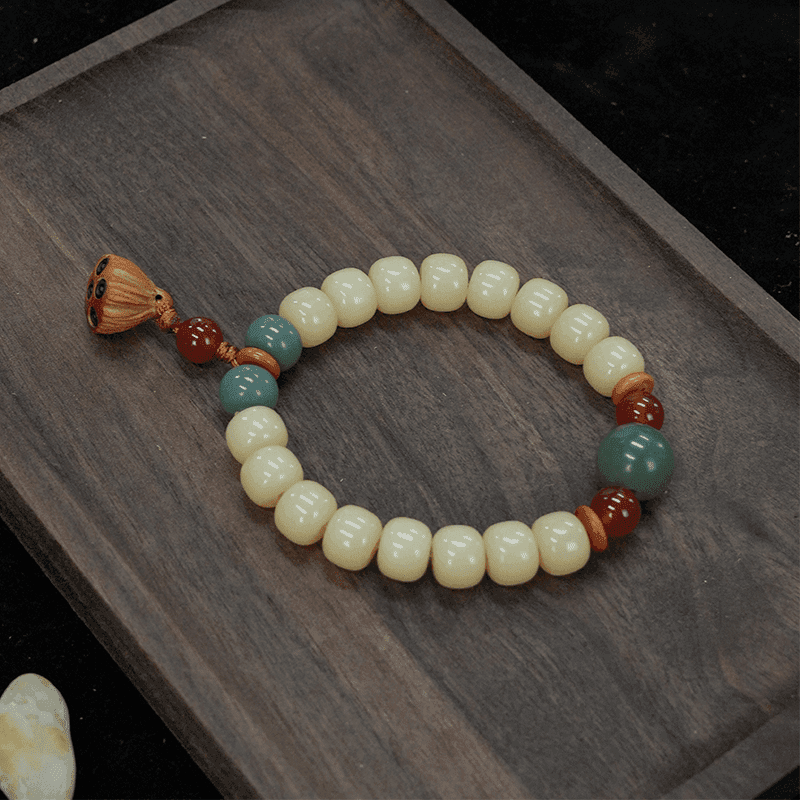 （好运莲蓬）原生态玉化菩提根手串单圈奶油白好运莲蓬文玩菩提8x10