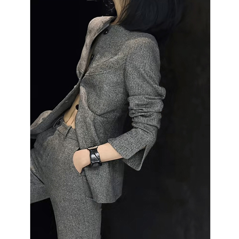 高端时尚设计感名媛气质套装秋冬人字纹独特上衣西装喇叭裤套装女