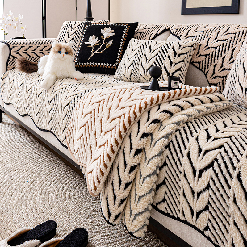2025秋冬新款防滑轻奢松弛感毛绒沙发垫皮沙发套罩简约全盖靠背巾