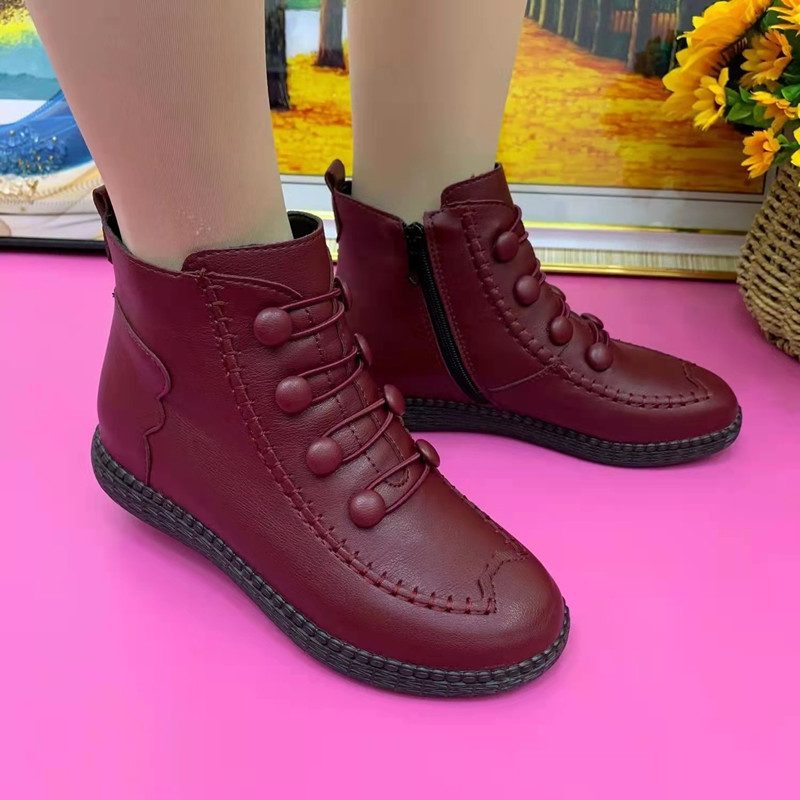 2024冬季新款加绒保暖棉鞋女软皮短靴平底圆头短靴休闲中老年妈妈