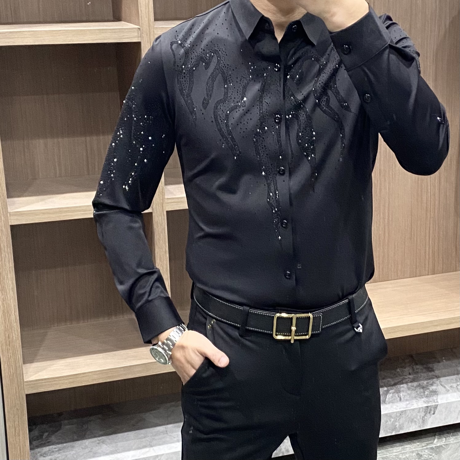 2066欧品男装男士秋季新款时尚烫钻潮流修身长袖衬衫休闲商务网红