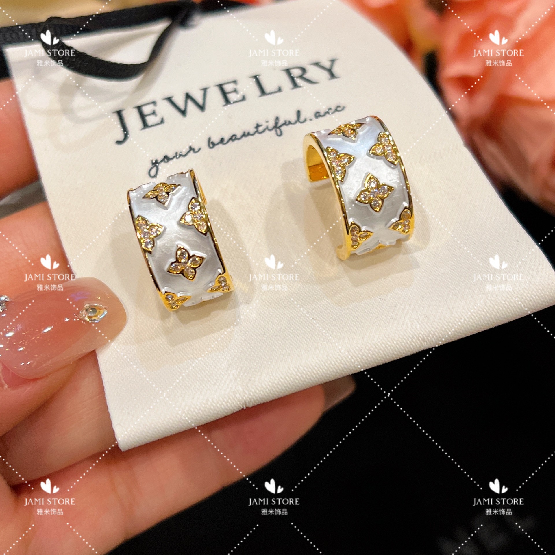 镀K金 Jami 白色老花轻奢耳环法式复古优雅气质耳圈