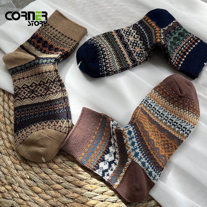 男袜咔叽风秋季新品复古民族风短袜精梳棉双针双路秋冬季男中筒袜