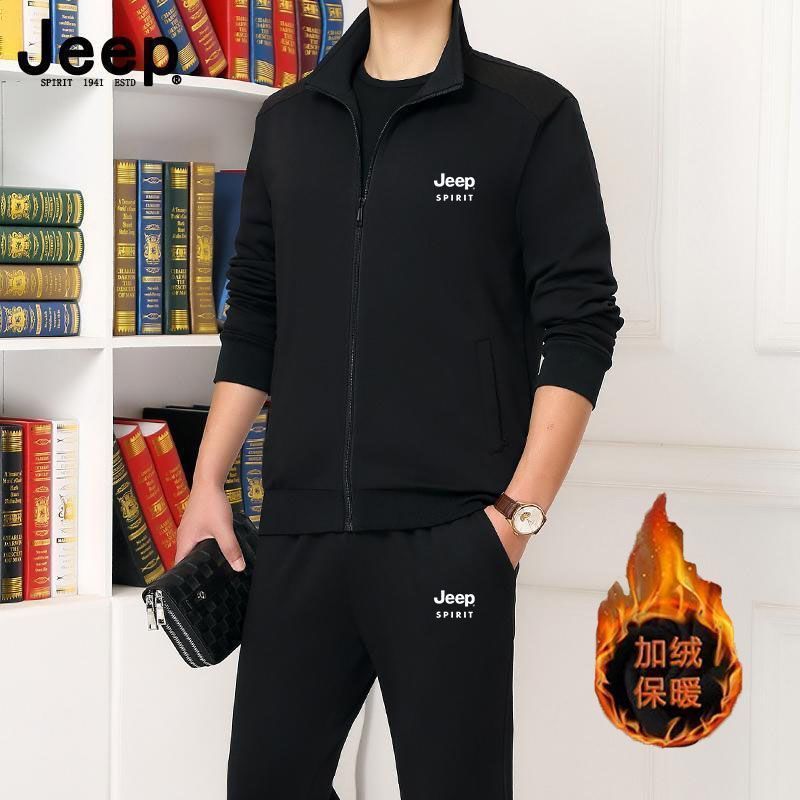 JEEPSPIRIT纯棉运动套装男士秋冬爸爸装中年休闲加绒加厚三件套装