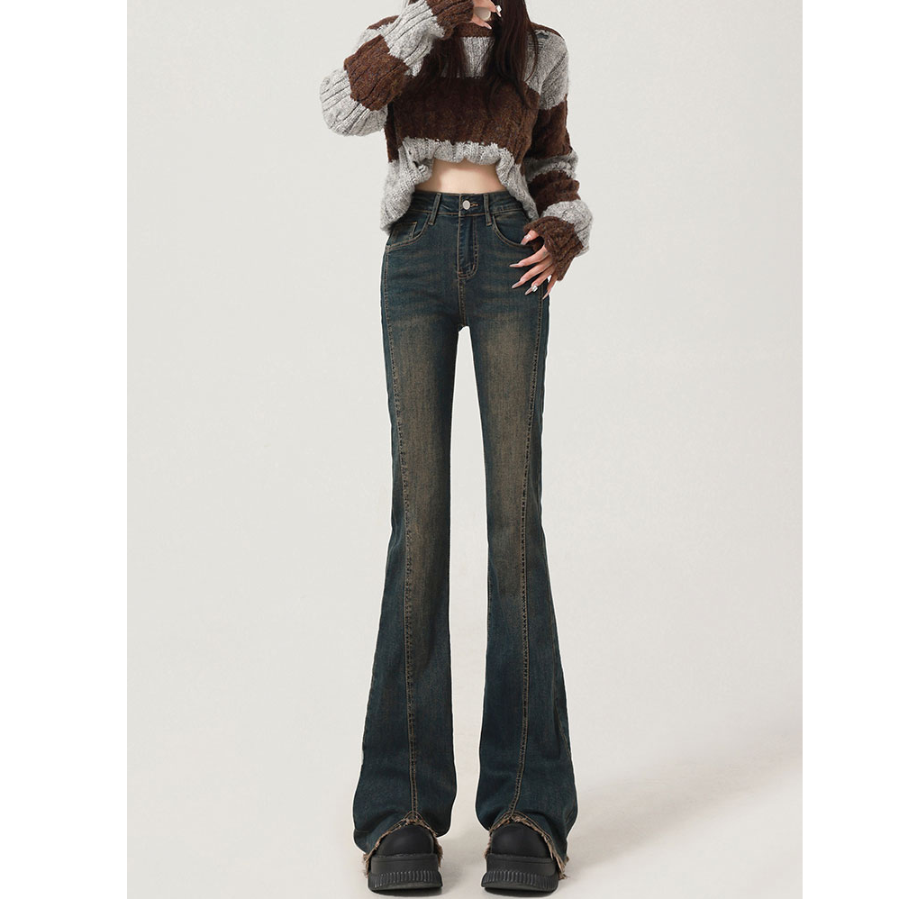 复古美式微喇牛仔裤女秋冬款2025年高腰显瘦毛边拖地喇叭马蹄裤子