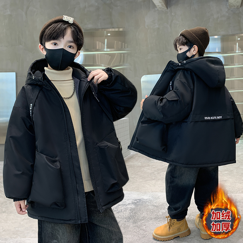 儿童装连帽加绒外套韩版2025新款中大童冬季加厚派克服洋气冬装