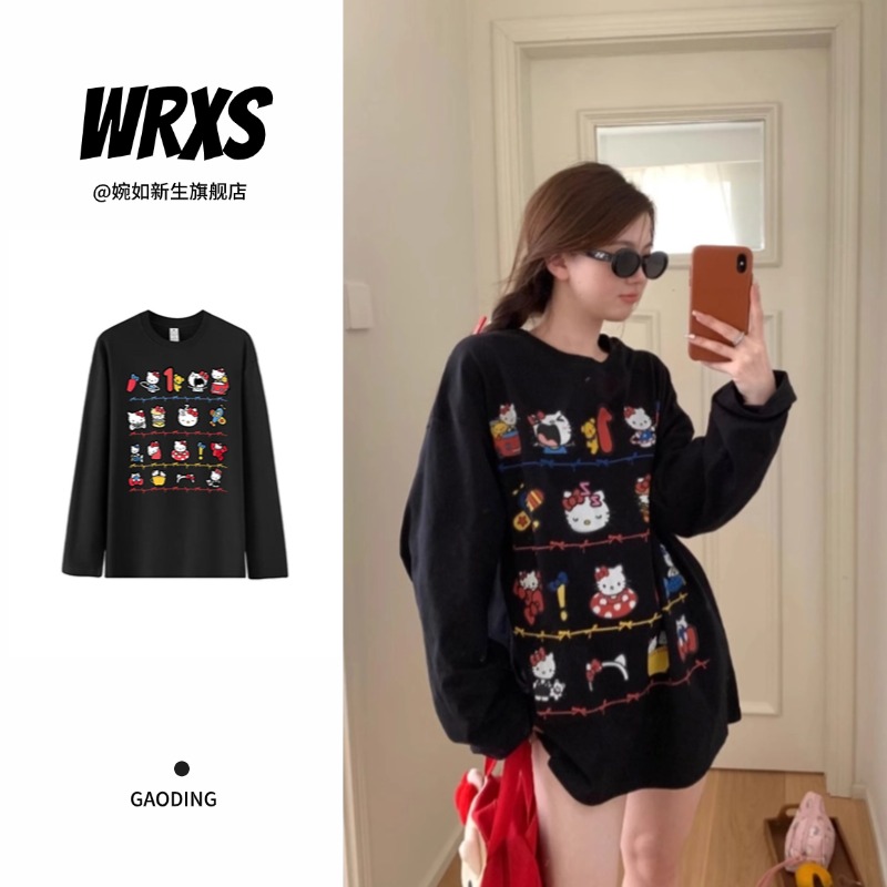 【婉如新生】秋季薄款圆领纯棉长袖t恤女卡通印花小众别致宽松上衣