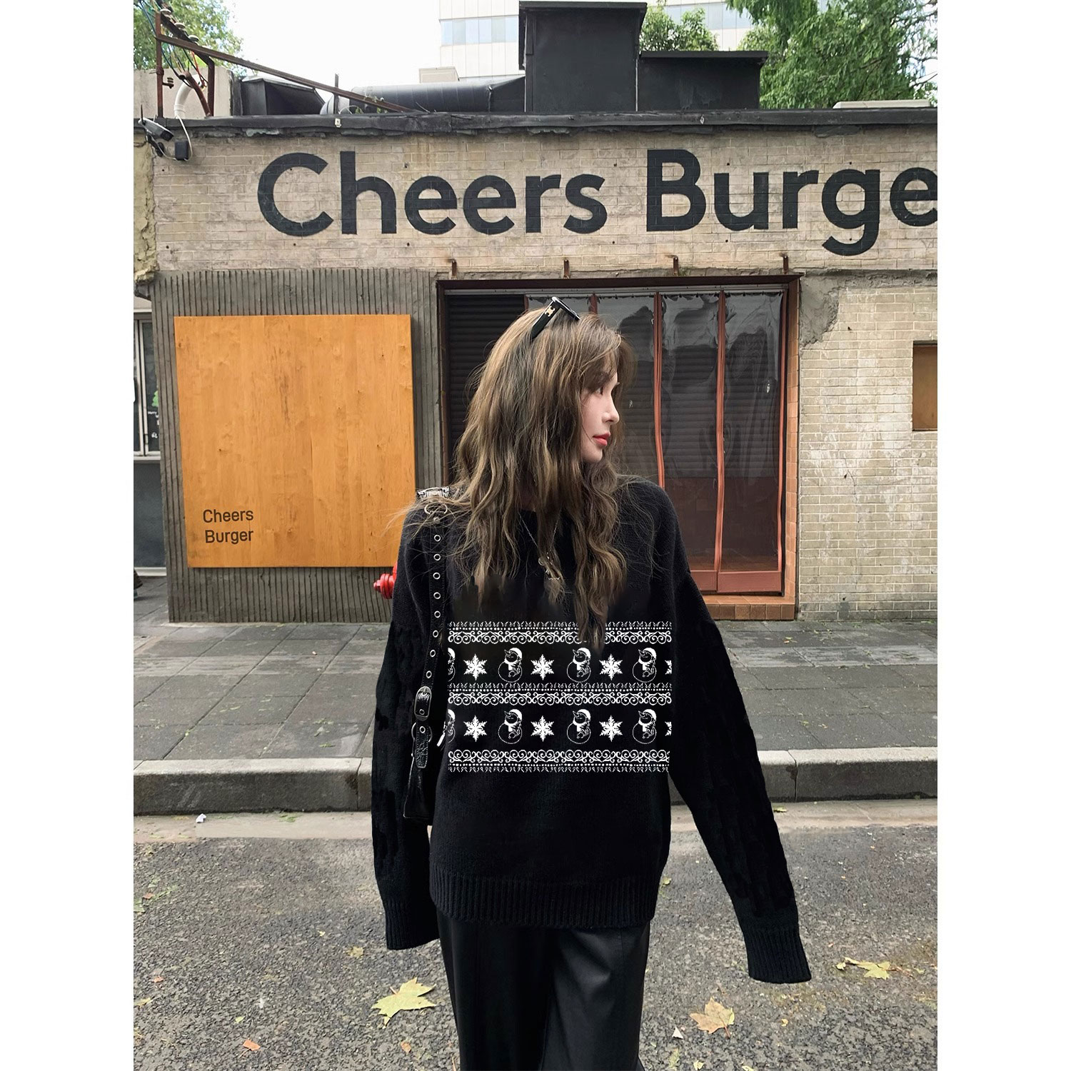 【婉如新生】费尔岛复古毛衣女慵懒高级感冬季厚款圆领黑色针织衫