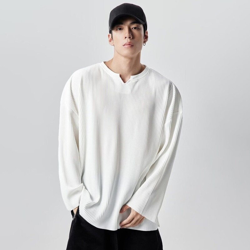 GD高级感V领褶皱垂感长袖T恤男秋冬大码宽松休闲运动健身打底衣服