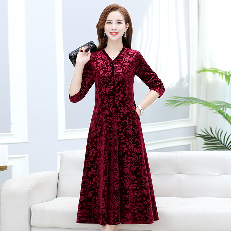 中老年春秋季加厚金丝绒连衣裙中年妈妈装裙子中长款大码洋气显瘦