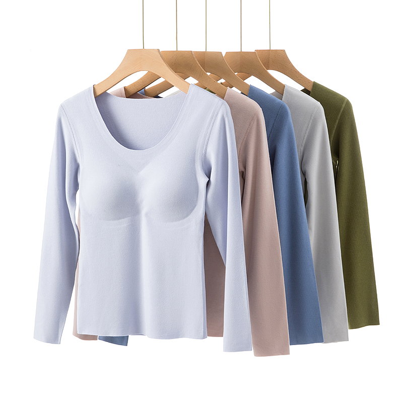 德绒保暖内衣上衣女士带胸垫加绒加厚发热打底衫无痕秋衣秋裤冬季