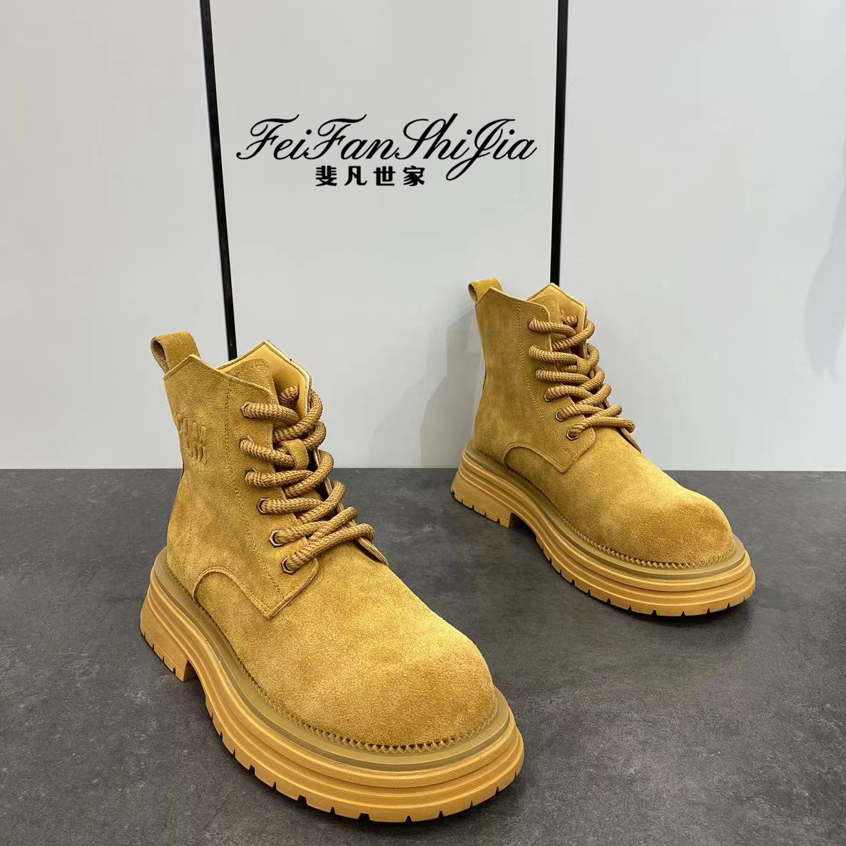 鞋子男款秋冬季大黄靴马丁靴休闲百搭厚底增高鞋短筒上班机车男靴