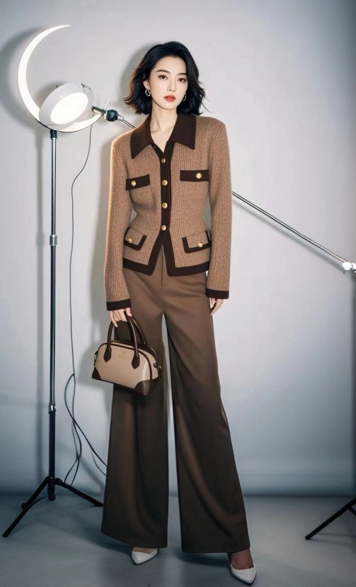 SS608一整套秋冬穿搭高级感富家千金感气质小香风咖色毛衣裤套装