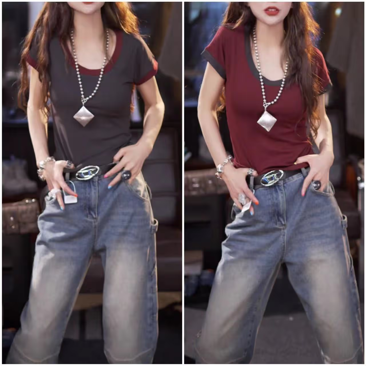 欧货撞色圆领简约休闲短袖t恤2024夏季新款修身显瘦弹力百搭上衣