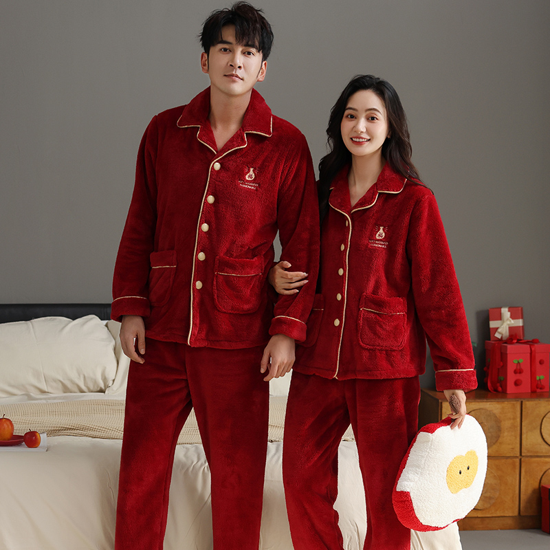 保暖大码结婚睡衣冬季情侣珊瑚绒红色新婚套装法兰绒加厚家居服
