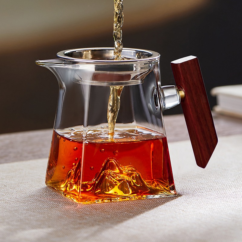 加厚耐热木把玻璃公道杯功夫茶过滤分茶器茶漏一体日式茶具零配件
