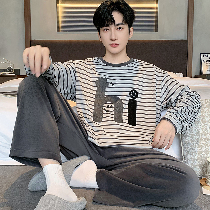 海岛绒睡衣男士秋冬季珊瑚绒加肥加大码春秋款薄绒男款家居服套装
