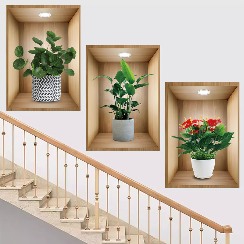 3d效果植物花卉盆栽三联贴画过道楼梯装饰画客厅餐厅墙面自粘壁画