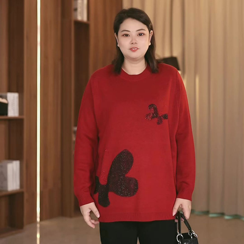 【韩服路】新年红色羊毛打底衫女圆领大码时尚百搭秋冬宽松套头上衣