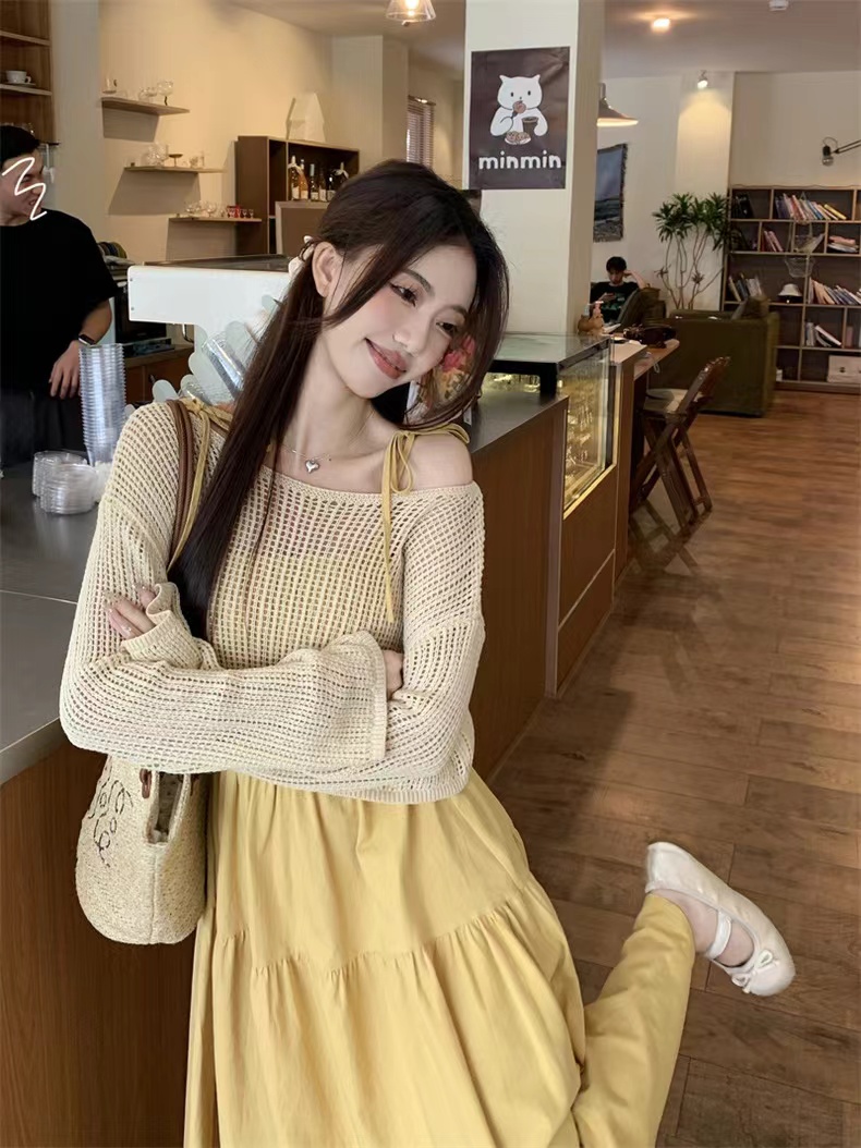 甜美淑女减龄穿搭套装女2025早秋新款镂空防晒衫吊带连衣裙两件套