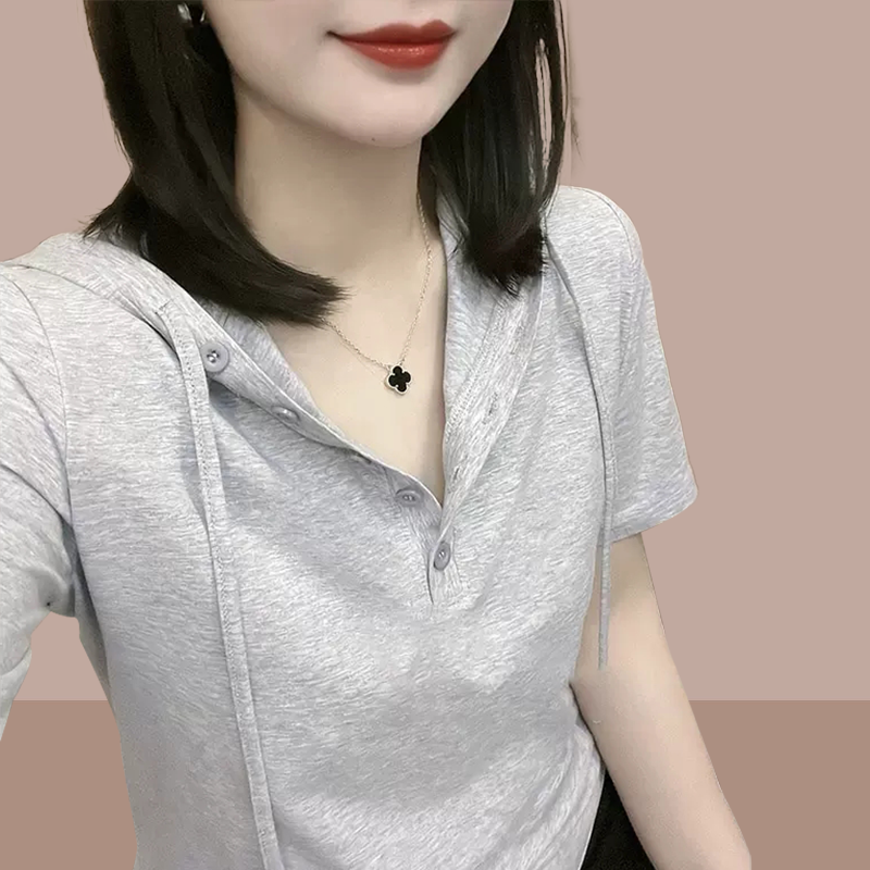 连帽短袖t恤女夏连帽洋气小衫2025新款短款爆款上衣休闲显瘦清凉