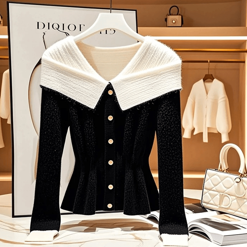 黑白小香风翻领针织衫女2025年春秋季新款慵懒设计感宽松长袖上衣