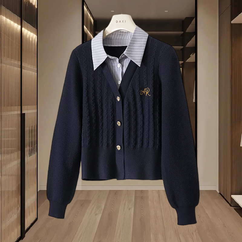 韩版假两件开衫针织上衣女2025秋冬新款显瘦百搭纯色拼接长袖毛衣