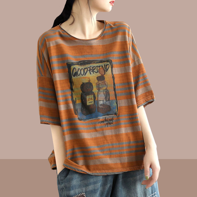 夏季2025新款宽松遮肉显瘦条纹五分袖T恤大码时髦洋气薄款上衣女