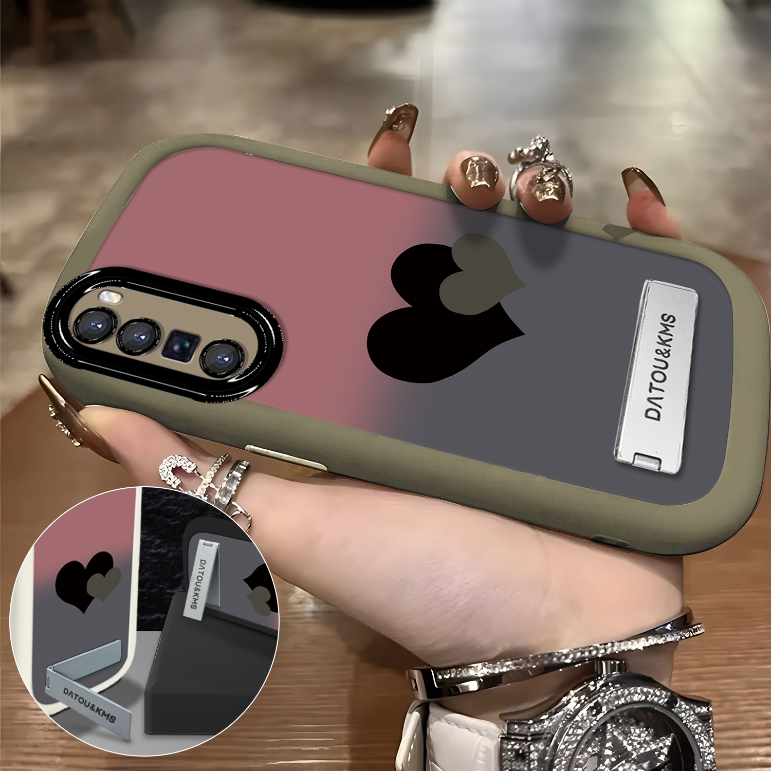 适用于【华为】Nova7Pro新款渐变黑粉双爱心女款防摔手机壳