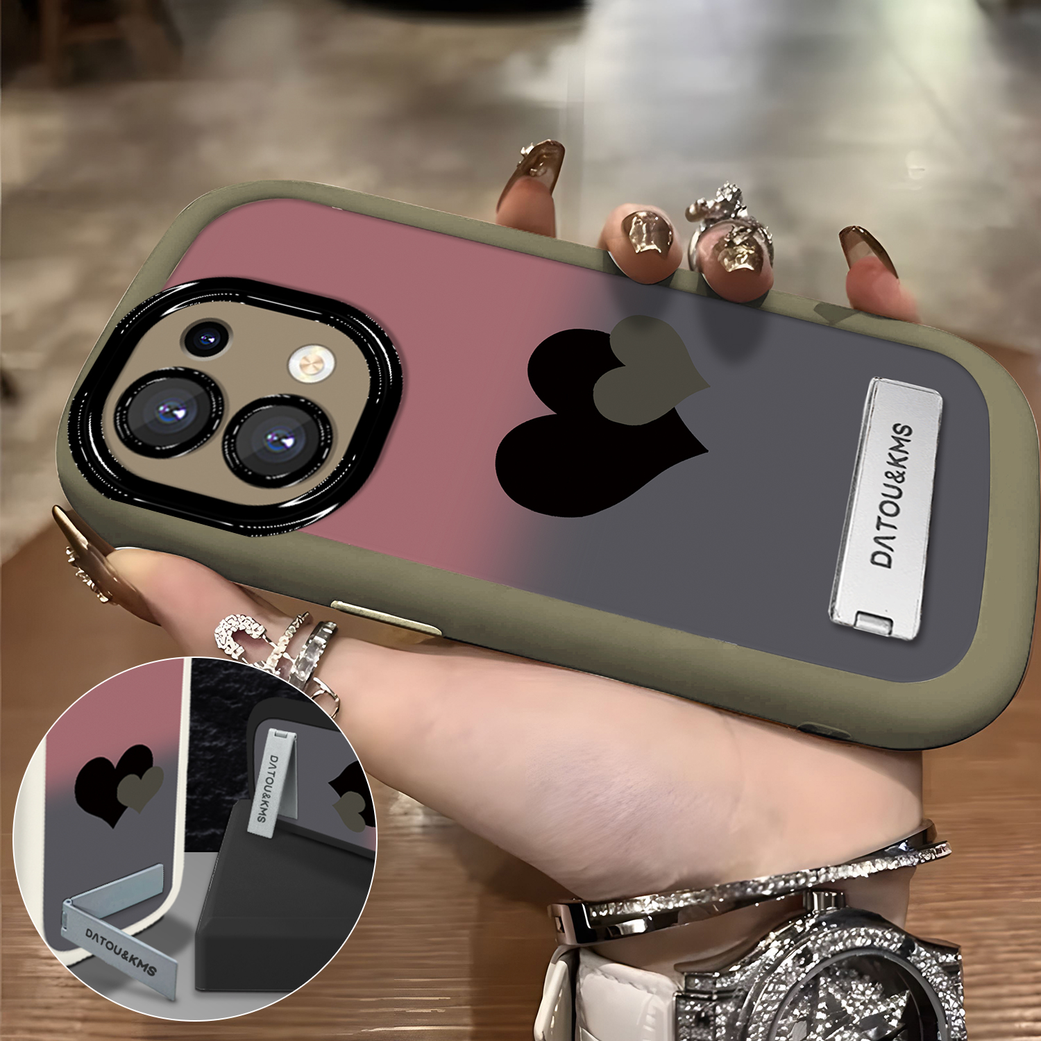 适用于【OPPO】Reno9ProPlus/Pro+新款渐变黑粉双爱心女款手机壳