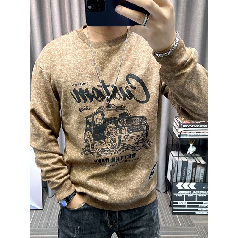 2025春秋新款美式长袖男士印花卫衣休闲高端圆领男装宽松百搭上衣