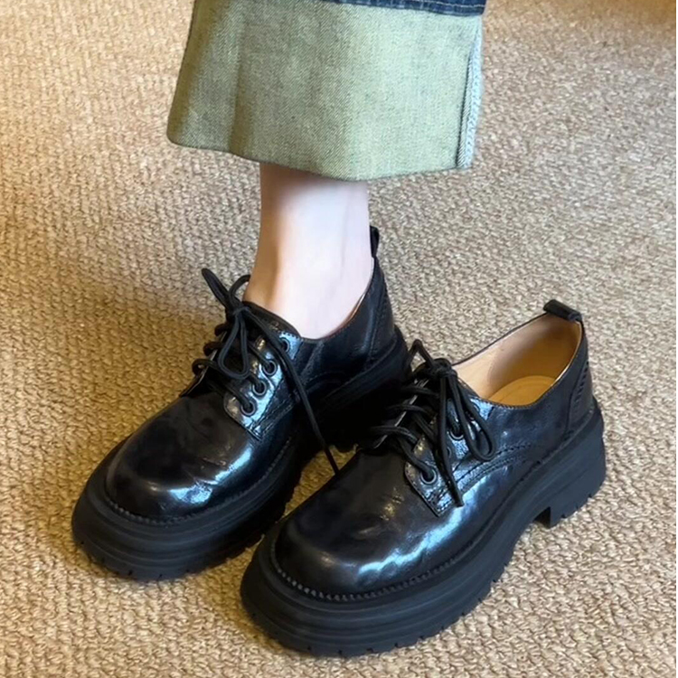 复古经典黑色软皮深口乐福鞋学院风女厚底粗跟系带jk小皮鞋单鞋