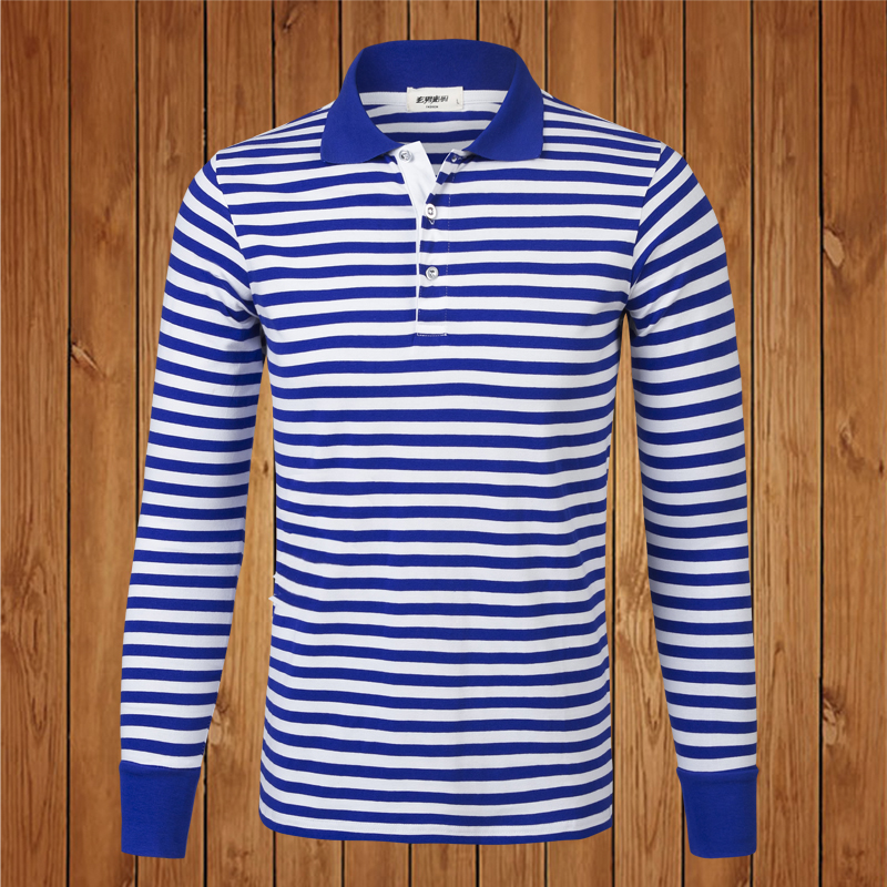 翻领海魂衫男长袖t恤纯棉秋季青年男士蓝白条纹polo衫有领上衣潮