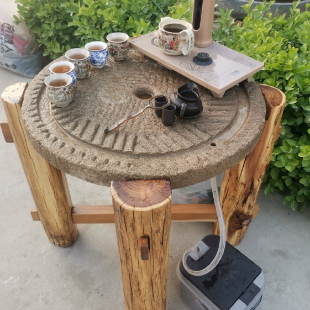 古旧石磨茶盘茶台桌子老磨盘旧石器茶桌阳台庭院室内实木支架组合