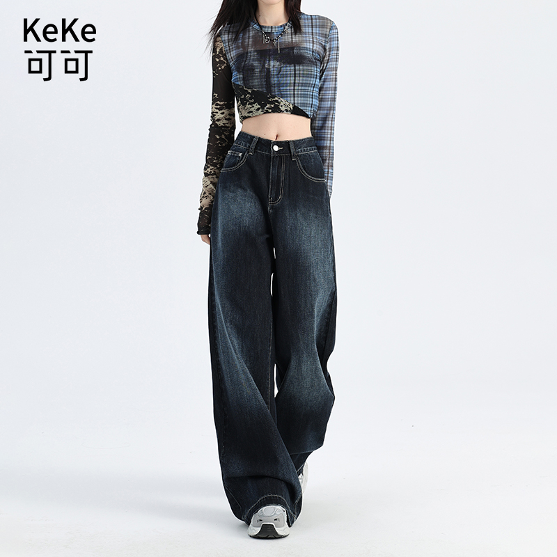 2025新款美式复古阔腿直筒牛仔裤女新款慵懒宽松休闲拖地裤