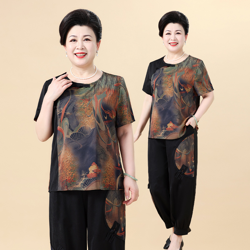 夏季新中式印花拼接短袖气质两件套时尚洋气女装大码妈妈国风套装