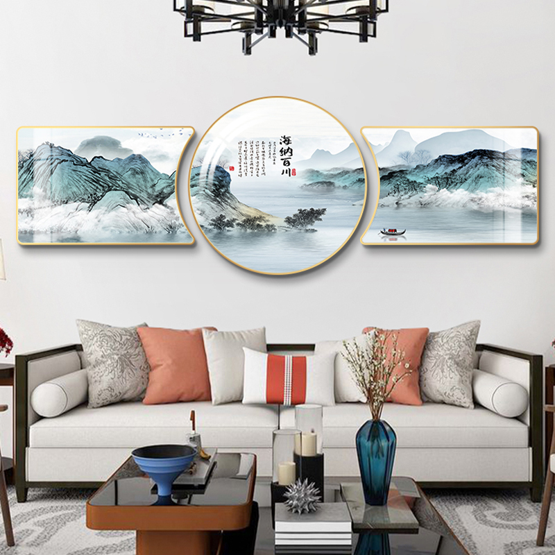 阪画屋优品新中式客厅装饰画山水沙发背景墙挂画简约三联画