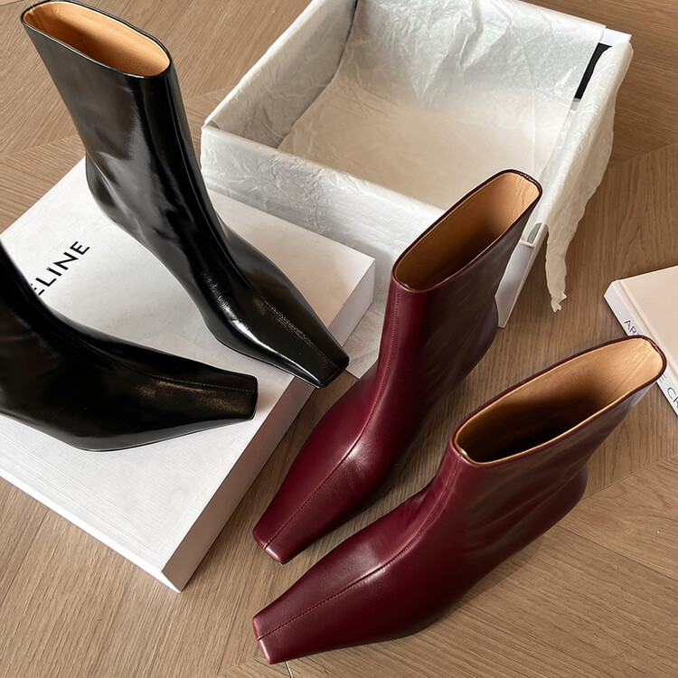 牛皮方头宽筒靴女单靴 欧货高定 细跟高跟全皮时尚套筒女式短靴子