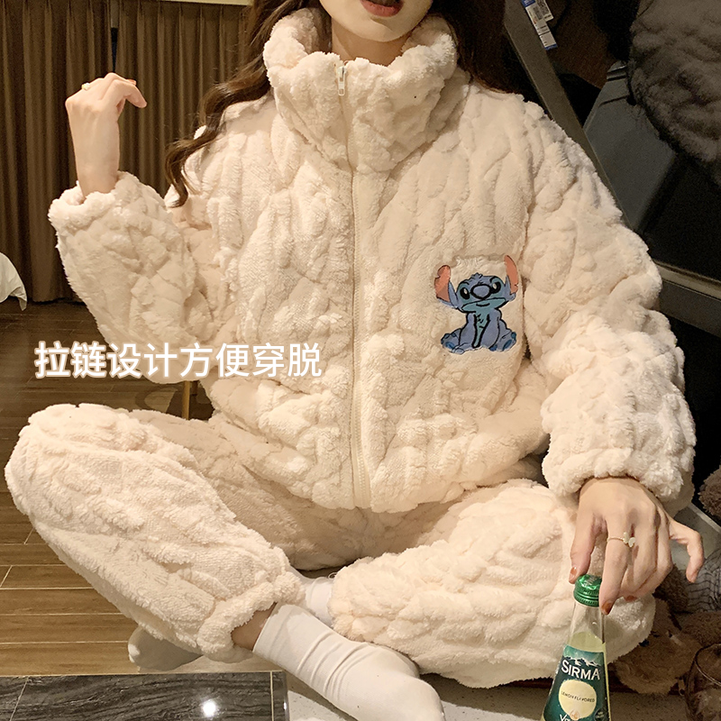 卡通人头超厚睡衣女士冬季毛绒家居服三层夹棉加绒睡衣冬天