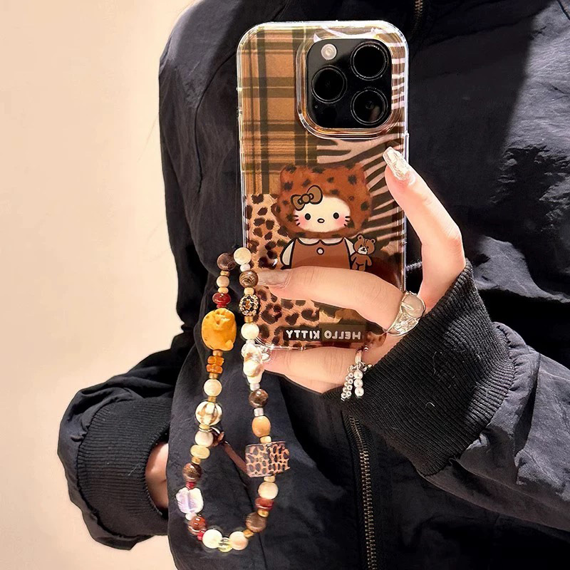 KEWU美拉德棕豹纹kt猫适用苹果16手机壳iphone15/14手链13冰川12