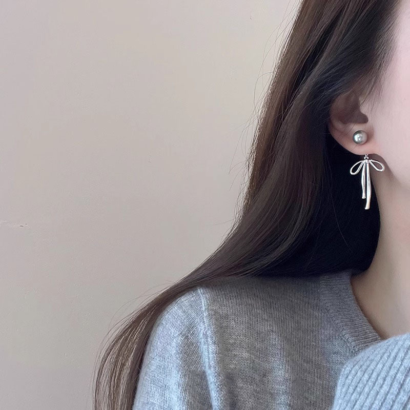合金耳饰 冷淡风蝴蝶结耳钉女2024新款爆款金属珠珠耳饰轻奢耳坠